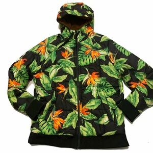 The North Face men’s reversible puffer jacket featuring tropical print